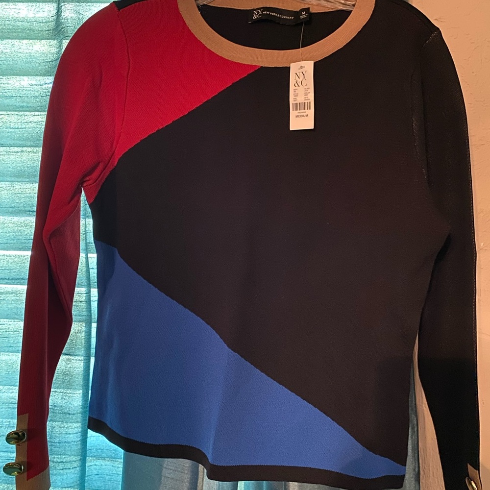 New York & Company Long Sleeve Colorblock Knit - Red, Blue, Black, Tan